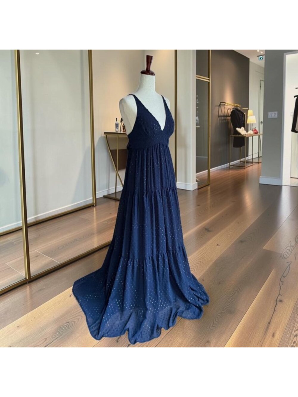 Le Superbe Starry Night Navy Blue Metallic Swiss Dot Tiered Maxi Dress Size 8 - Picture 8 of 10